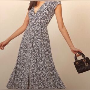 Reformation Carina Soho Blue and White Floral Midi Wrap Dress
